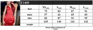 Size chart for the burgundy satin one-shoulder evening gown with slit detail
