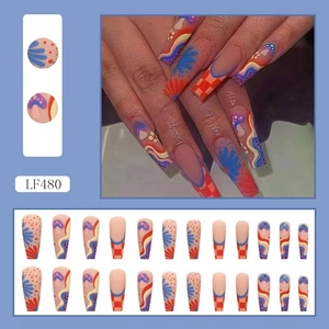 Detail view of 24pcs press-on nails featuring mushroom, floral, and checkerboard patterns