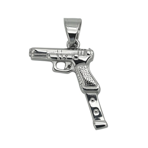 Polished silver stainless steel handgun shaped pendant with minimalist hip hop style
