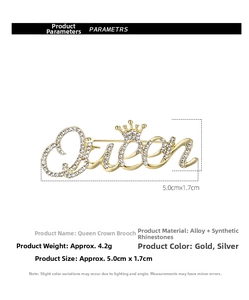 Detail showing dimensions of the gold Queen crown brooch with inlaid synthetic rhinestones
