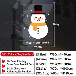 Size chart for snowman Christmas window clings showing dimensions from S to XXL