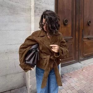 British style brown suede short jacket with lapel collar and waist belt for women