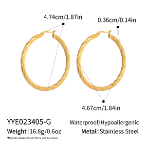 Detailed view of 18K gold plated stainless steel twisted hoop earrings with size dimensions