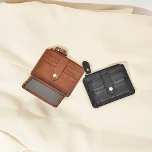 Multi Slot Card Holder PU Leather Retro Zipper Pocket Snap Button Minimalist Slim Wallet For Women