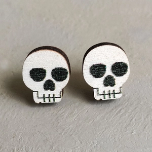 Detailed view of spooky black and white skull stud earrings for Halloween accessories