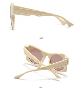 Detail view of beige frame sunglasses with purple lenses and geometric side design