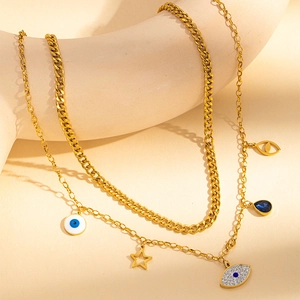 Collana a doppio strato in acciaio inossidabile dorato con ciondoli occhio e stella