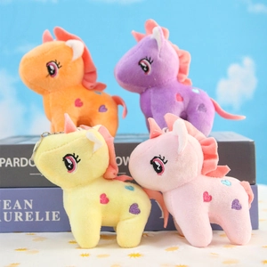 Colorful plush unicorn keychains with heart embroidery in soft pastel shades