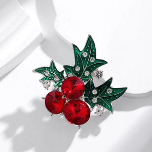 Christmas holly leaf and red berry brooch with green enamel and sparkling crystals