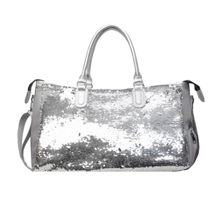 Bolso de viaje grande para mujer con lentejuelas plateadas, asas dobles y correa larga