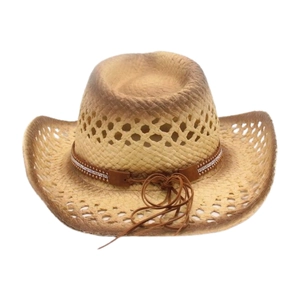 Hollow out breathable straw cowboy hat in khaki with leather rivet trim