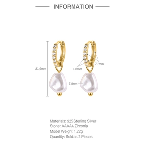 Detailed size specifications for gold 925 silver pearl earrings with zircon stones