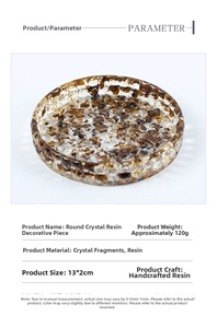 Macro detail of 13x2cm round resin tray with embedded crystal stones and dimensions