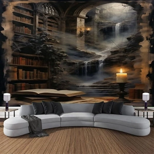 Detailed view of large Halloween tapestry featuring a mystical library on a dorm room wall