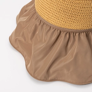 Straw and khaki wide-brim sun hat with UV protection and foldable wave design