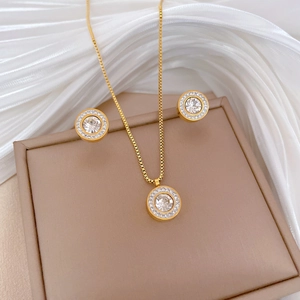 Minimalist Round Halo Pendant Necklace And Stud Earrings Titanium Steel Zircon Rhinestone Jewelry For Women
