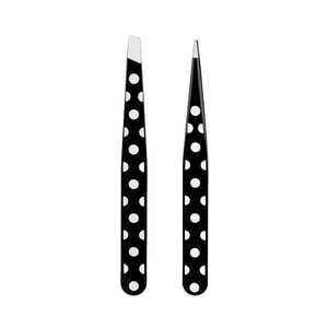 2-piece polka dot eyebrow tweezers set with slant and point tip tools in black and white