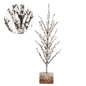 Frosted Christmas tree ornament with pine needles and wooden base on white background