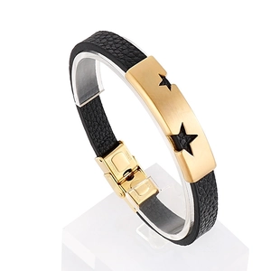 Men's punk black leather bracelet with gold stainless steel star cutout and matte metal tube