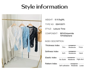 Size chart showing lace cardigan material 90% nylon 10% spandex with color options