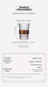 Detailed view of 280ml ribbed glass cup with protective wooden heat insulation sleeve