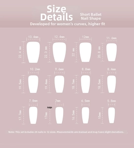 Size chart for pink white gradient press-on nails in short ballet style with 12 dimensions