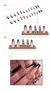 Detailed view of long ballerina press-on nails with leopard print and rhinestone accents
