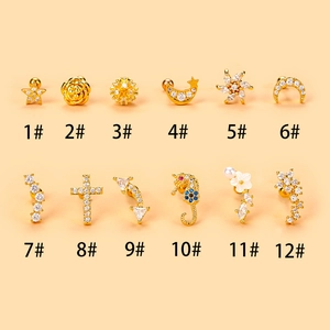 Lot de 12 boucles d'oreilles en acier doré avec croix, étoiles et zircons brillants