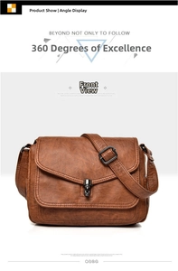 Front view of a brown vintage leather shoulder bag with a metal rotating clasp closure