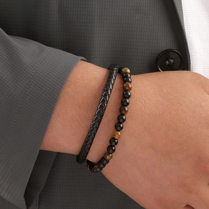 Men's Tiger Eye stone and black braided leather bracelet set with business attire