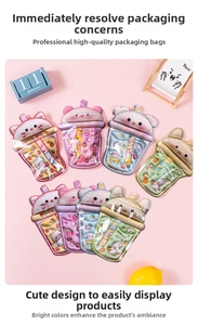 Flat lay of cute cartoon bear and cat self-sealing bags for snacks and jewelry storage