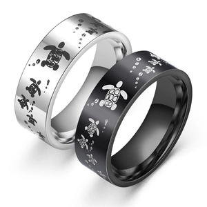 Sea Turtle Engraved Ring Stainless Steel Band Polished Animal Punk Style Jewelry For Men Women