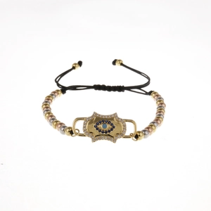 Adjustable evil eye bracelet with cubic zirconia and tricolor beads on black rope