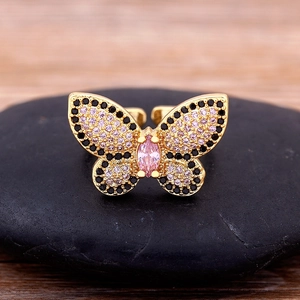 18K gold plated copper butterfly open ring with pink and black zircon stones