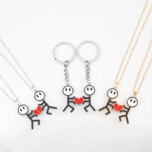 Magnetische Strichmännchen Partnerketten und Schlüsselanhänger mit Herzanhängern in Gold Silber