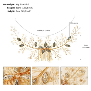 Macro detail of gold bridal hair comb with rhinestone floral patterns and dimensions