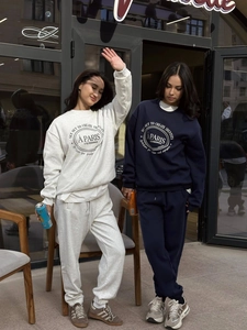 Damen Baumwolle Sweatshirt Und Jogginghose Rundhals Langarm Buchstaben Druck American Retro Streetwear Casual Sport