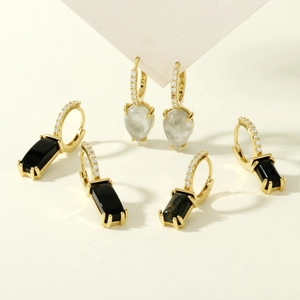 18K gold plated hoop earrings with black rectangular and grey pear-shaped stones