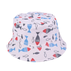 Close-up of white cotton bucket hat featuring colorful cartoon fish print patterns