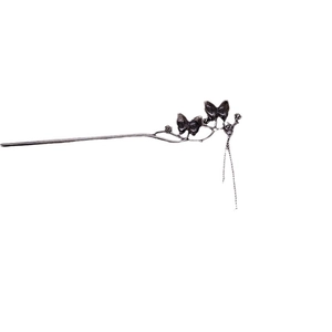 Silver-black butterfly hair pin with metal tassels in a refined neo-traditional style