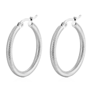 Pair of silver round stainless steel earrings with diamond texture in 18K gold plating