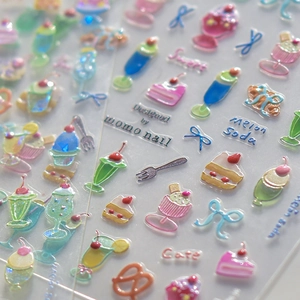 Autocollants 3D pour ongles motif dessert et soda au melon aux couleurs macaron