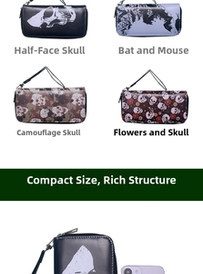 Macro view of vintage skull wallets with metal zipper and size comparison to a phone