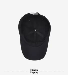 Detail view of the black baseball cap interior construction with reinforced stitching