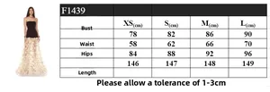 Detailed size chart for strapless tulle evening dress with polka dots in cm measurements