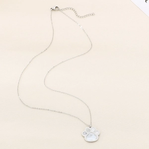 Silver stainless steel necklace with a cute cat paw pendant and white shell inlay