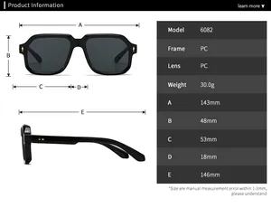 Detailed size chart for retro square sunglasses with frame dimensions and lens specifications
