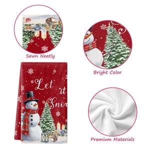 Close-up of neatly sewn edges and vibrant snowman print on Christmas microfiber towel