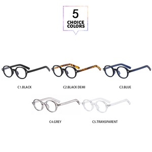 Five available colors of retro round frame glasses including black, blue, grey and transparent