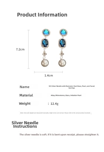 Detailed view of silver needle tassel earrings with dimensions and rhinestone glass pearls
